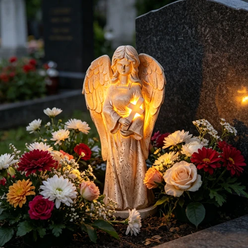Statuetă memorială solară cu înger rugându-se cu cruce SM24290