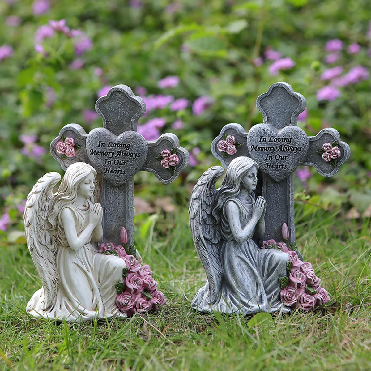 Statuetă memorială solară cu înger îngenuncheat cu cruce cu trandafiri SM251024