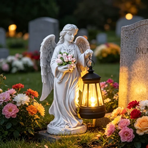 Felinar memorial solar cu înger în picioare cu motiv floral SM25997