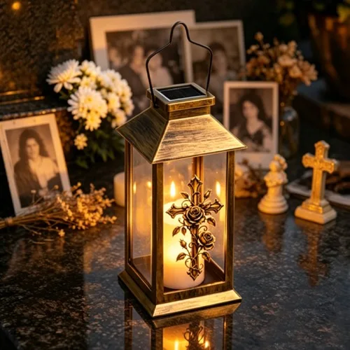Felinar memorial solar cu cruce cu trandafiri SM26472D