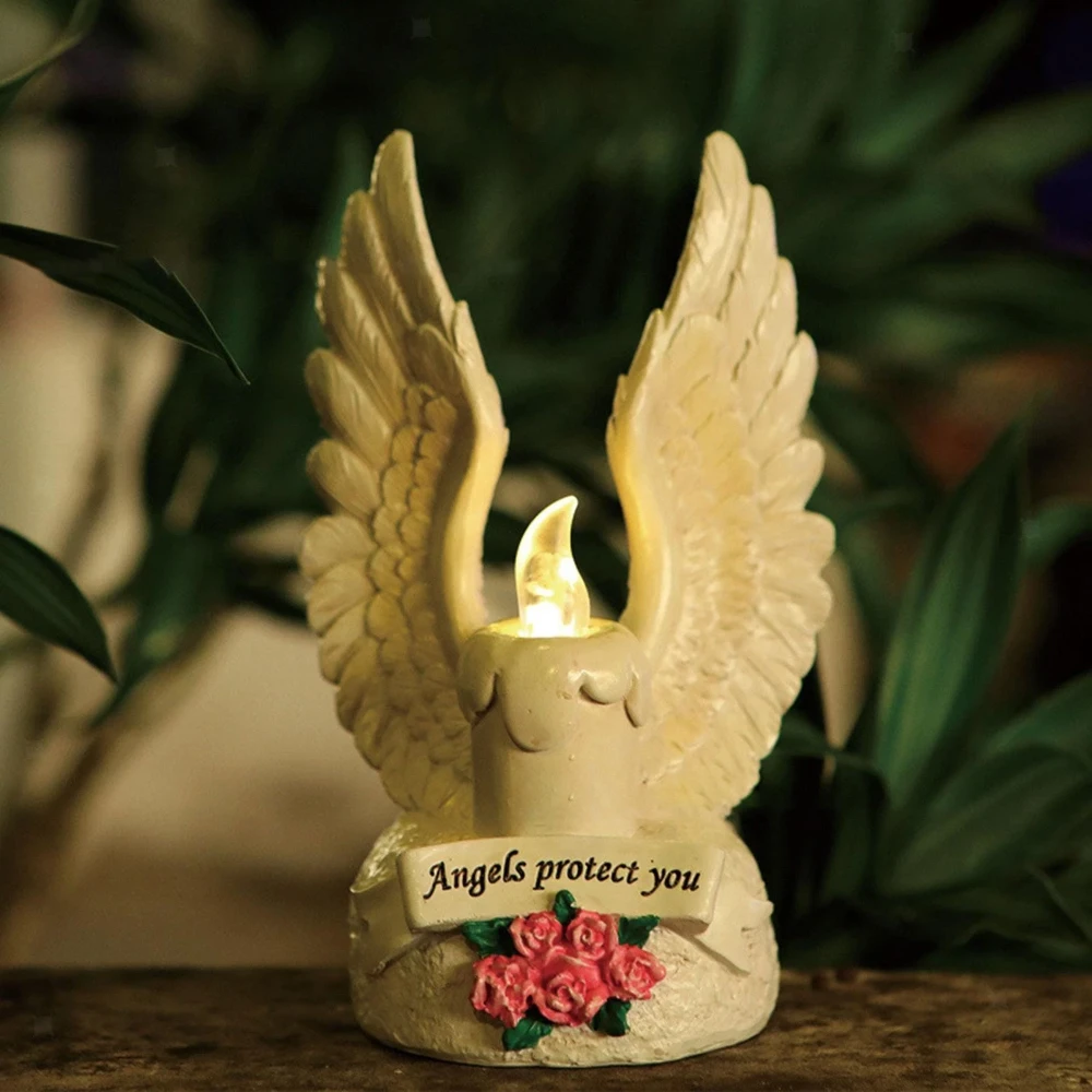 Lumânare funerară solară cu aripi de înger cu trandafiri SM26511
