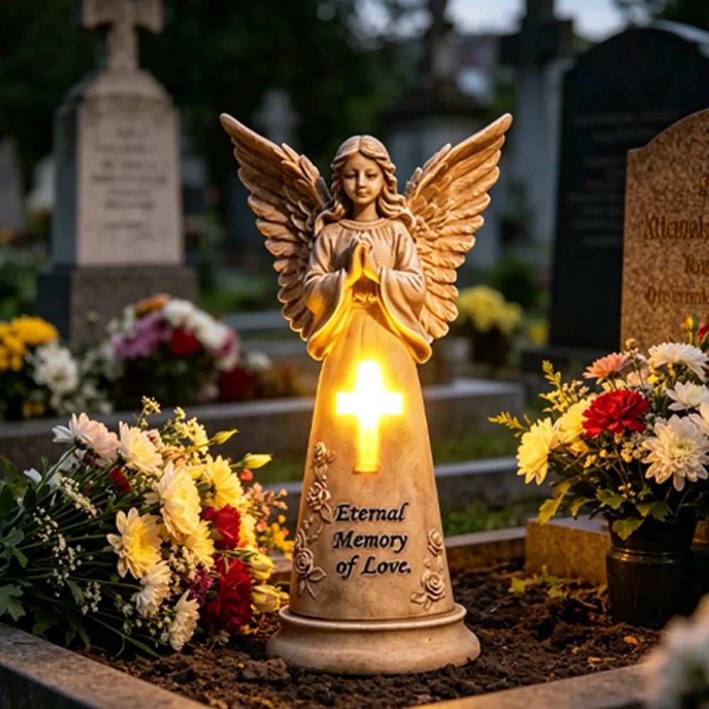 Statuetă memorială solară cu înger rugându-se cu cruce SM26512