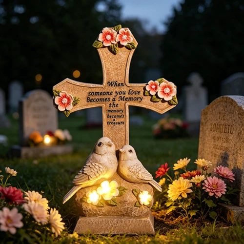 Decorațiune memorială LED pe baterii cu cruce cu porumbei cu motiv floral SM26518