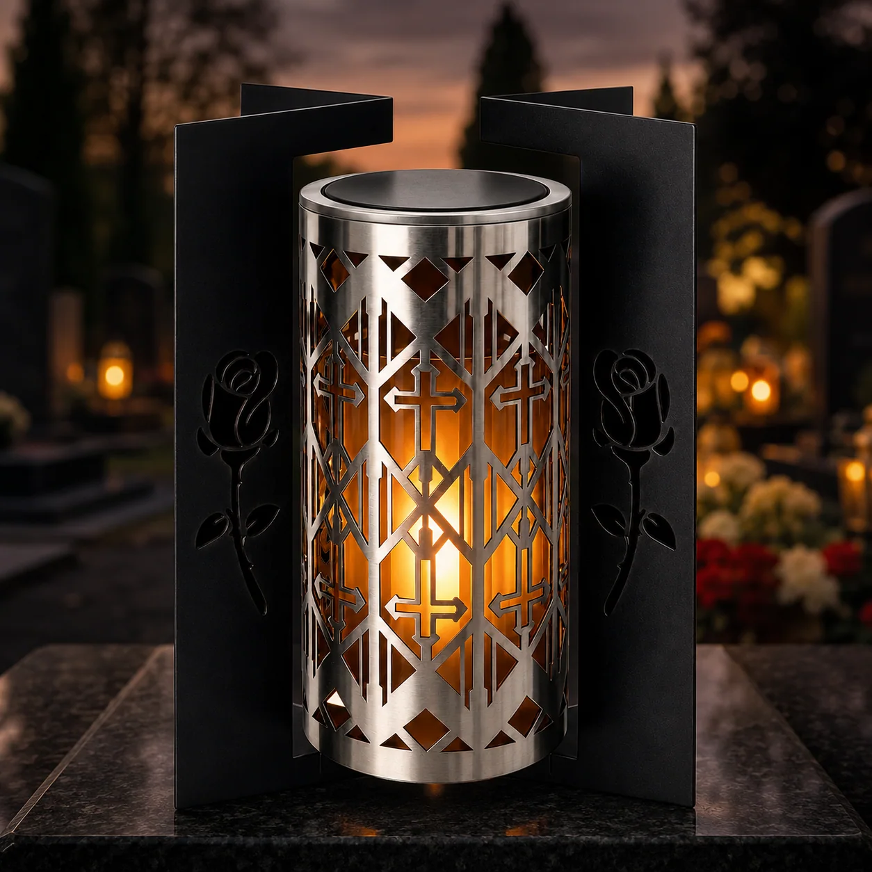 Felinar memorial solar cu cruce cu trandafiri SM26535