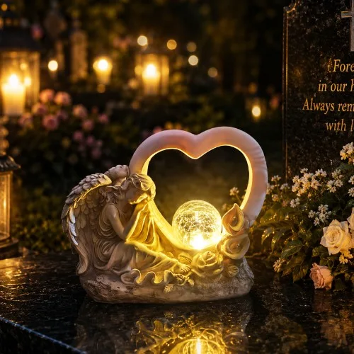 Statuetă memorială solară cu înger cu inimă cu glob din sticlă crăpată SM26575