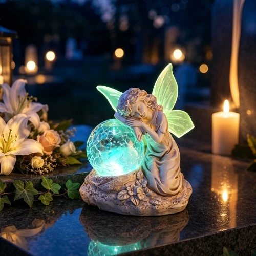 Statuetă memorială solară cu înger adormit cu glob din sticlă crăpată SM26585