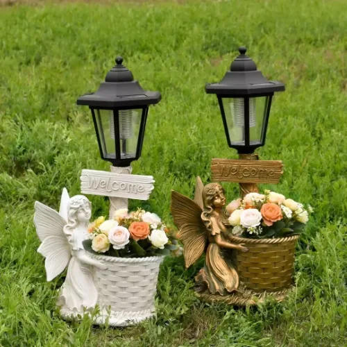 Jardinieră memorială solară cu înger cu motiv floral SM26586