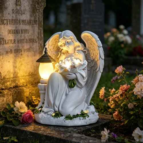 Felinar memorial solar cu înger rugându-se cu motiv floral SM26588