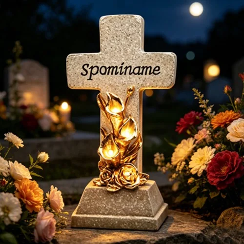 Decorațiune memorială solară cu cruce cu trandafiri SM26645