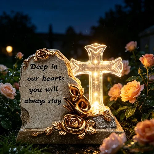 Placă memorială solară cu cruce cu trandafiri SM26646