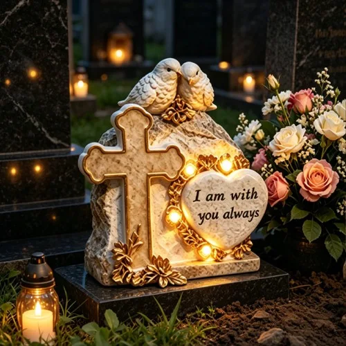 Inimă memorială solară cu cruce cu porumbei SM26649