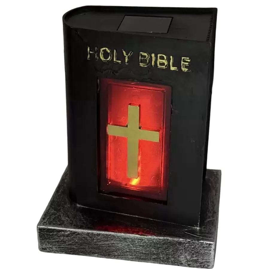 Decorațiune memorială solară cu cruce cu carte iluminată SM26652