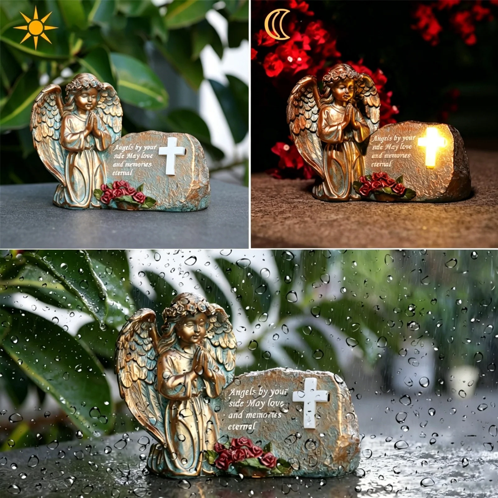 Placă memorială solară cu înger rugându-se cu cruce SM26691
