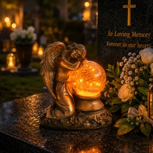 Statuetă memorială solară cu înger adormit cu glob din sticlă crăpată SM26739
