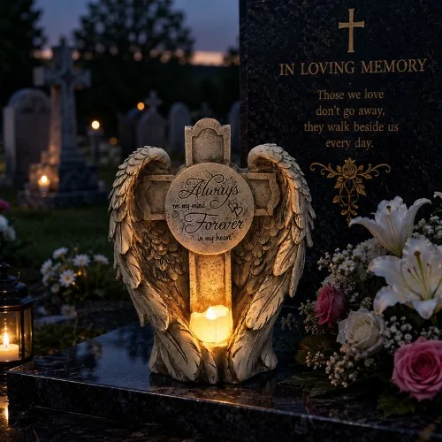 Inimă memorială solară cu aripi de înger cu cruce SM26785