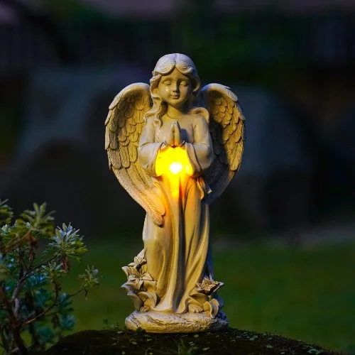 Statuetă memorială solară cu înger în picioare cu cruce SM26787