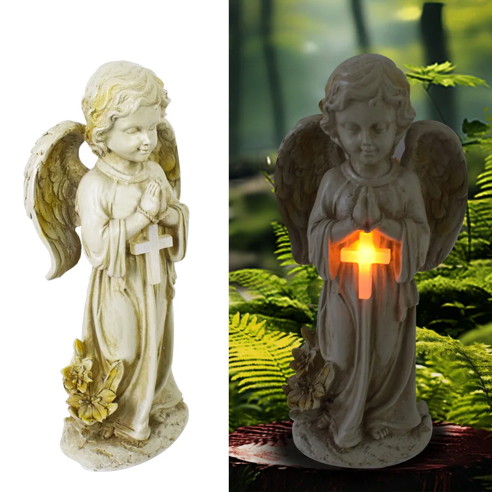 Statuetă memorială solară cu înger cu aripi de înger cu cruce SM26795