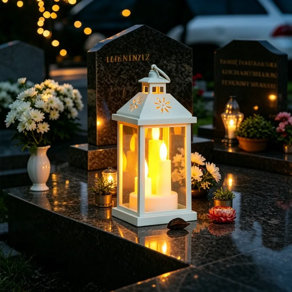 Felinar LED decorativ alb pentru cimitir cu efect de flacara