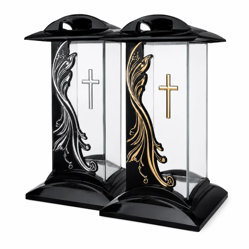 Felinar LED negru cu cruce si decor ornamental