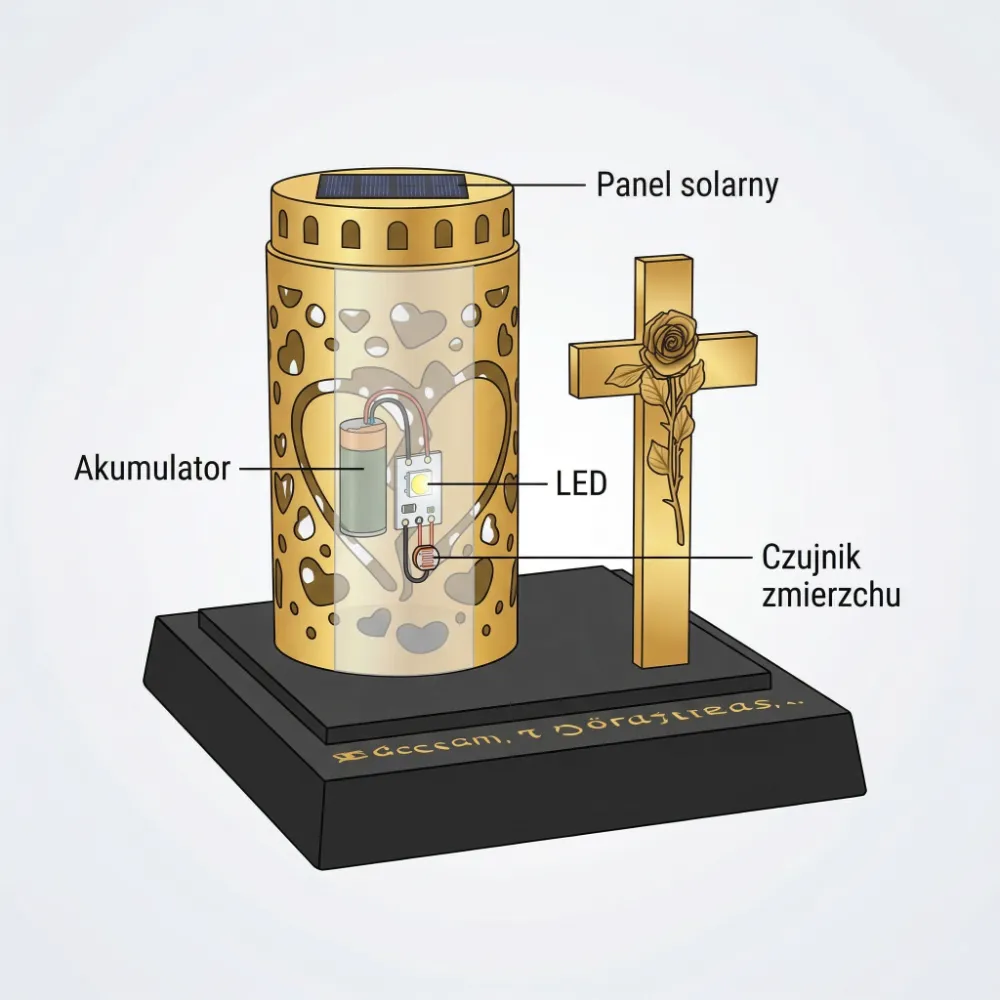 Structura unei candele solare cu panou, acumulator și LED