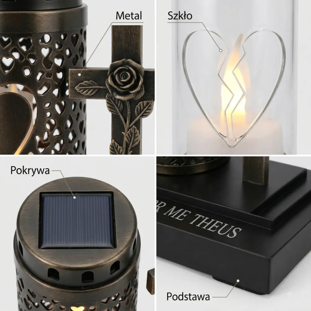 Detalii de sticlă, metal și plastic la candele solare