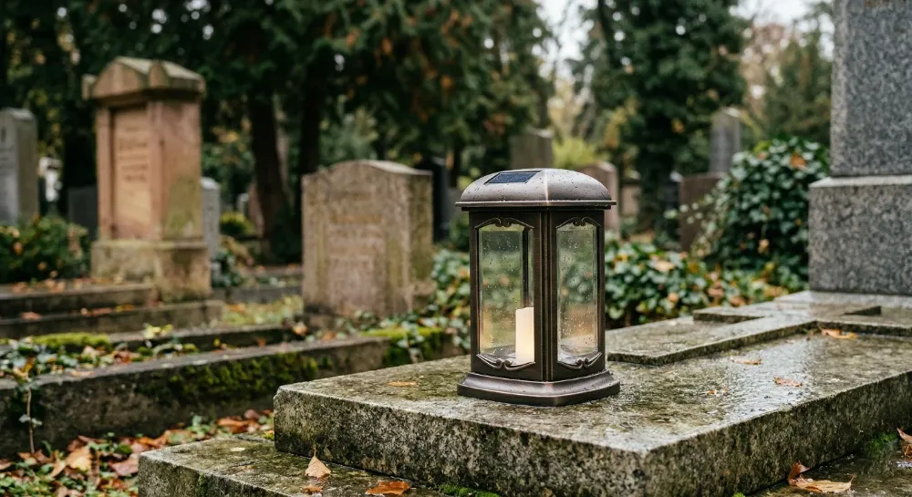 Lampă funerară solară pe piatră după ploaie