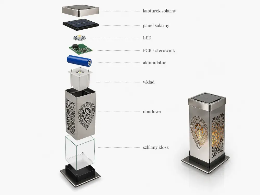 Structura unei candele solare cu capac, panou, LED, PCB, baterie si carcasa