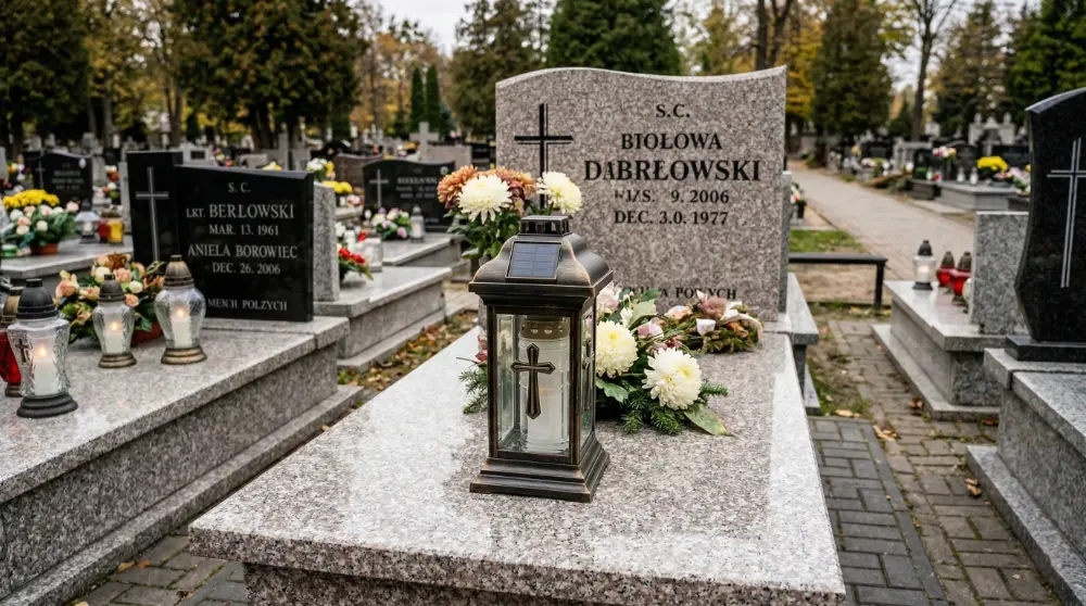 Candelă solară amplasată pe un monument funerar