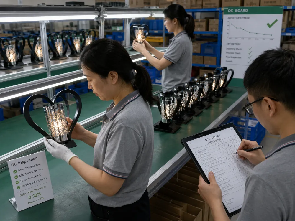 Controlul calitatii candelelor solare in fabrica din China inainte de expediere