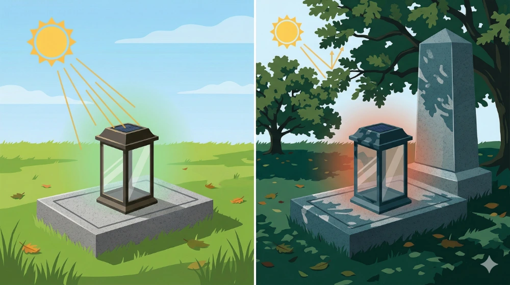Candela solara la soare si la umbra unui copac si monument